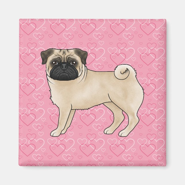 Fawn Pug Dog Cartoon Mops Pink Love Heart Pattern Magnet (Front)