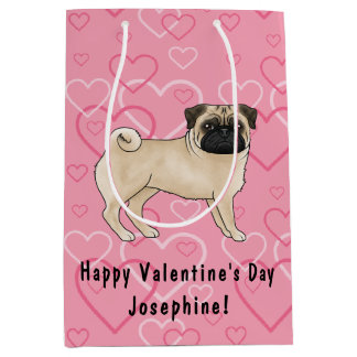 Fawn Pug Dog Cartoon Mops Pink Love Heart Pattern Medium Gift Bag