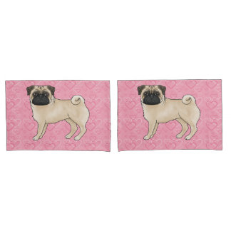 Fawn Pug Dog Cartoon Mops Pink Love Heart Pattern Pillow Case
