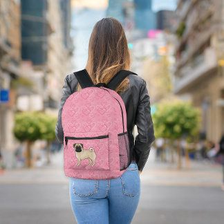 Fawn Pug Dog Cartoon Mops Pink Love Heart Pattern Printed Backpack