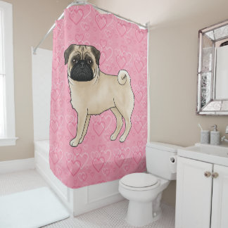Fawn Pug Dog Cartoon Mops Pink Love Heart Pattern Shower Curtain