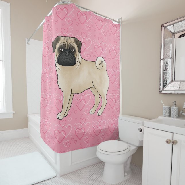 Fawn Pug Dog Cartoon Mops Pink Love Heart Pattern Shower Curtain (In Situ)