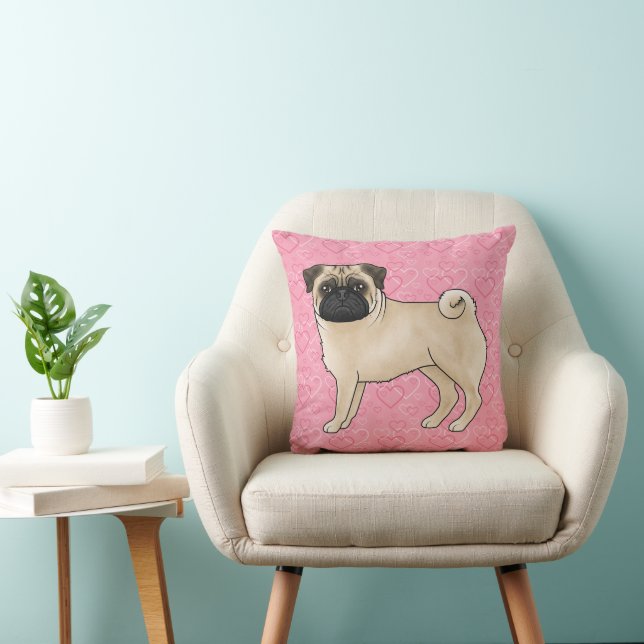 Fawn Pug Dog Cartoon Mops Pink Love Heart Pattern Throw Pillow (Chair)