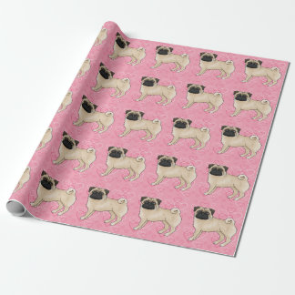 Fawn Pug Dog Cartoon Mops Pink Love Heart Pattern Wrapping Paper