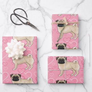 Fawn Pug Dog Cartoon Mops Pink Love Heart Pattern Wrapping Paper Sheets