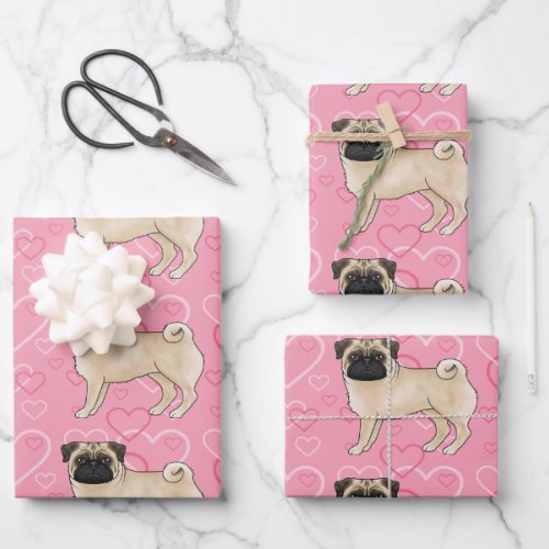 Fawn Pug Dog Cartoon Mops Pink Love Heart Pattern Wrapping Paper Sheets