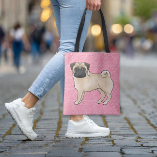 Fawn Pug Dog Cartoon Mops Pink Love Hearts Pattern Tote Bag