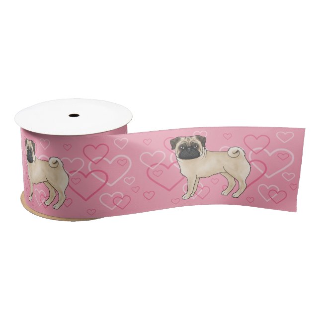 Fawn Pug Dog Cartoon Mops With Hearts Pattern Pink Satin Ribbon (Spool)
