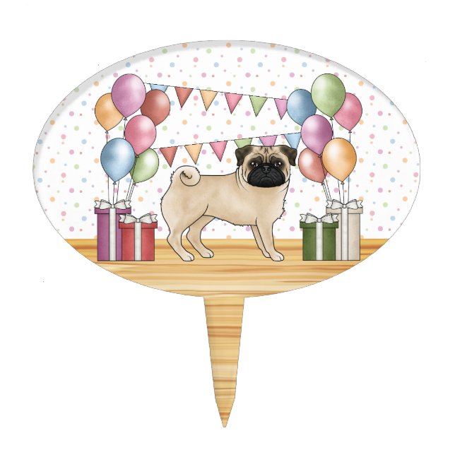 Fawn Pug Dog Colorful Pastel Birthday Balloons Cake Topper (Front)