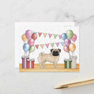 Fawn Pug Dog Colorful Pastel Birthday Balloons Postcard