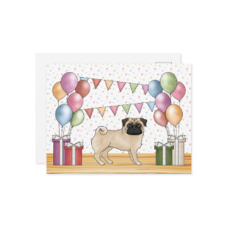 Fawn Pug Dog Colorful Pastel Birthday Balloons Postcard