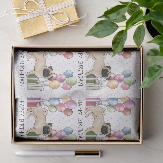 Fawn Pug Dog Colorful Pastel Happy Birthday Tissue Paper (Gift)