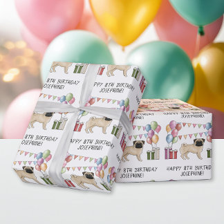 Fawn Pug Dog Colorful Pastel Happy Birthday Wrapping Paper