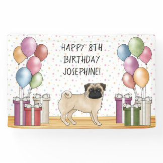Fawn Pug Dog Colorful Pastels Happy Birthday Banner