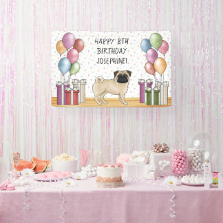 Fawn Pug Dog Colorful Pastels Happy Birthday Banner