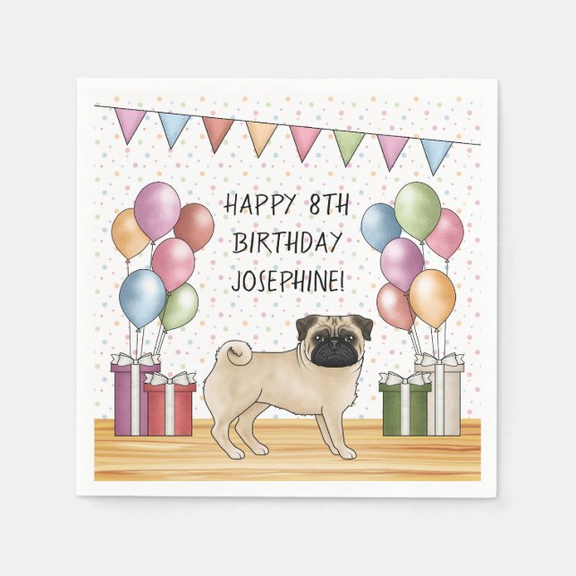 Fawn Pug Dog Colorful Pastels Happy Birthday Napkins (Front)