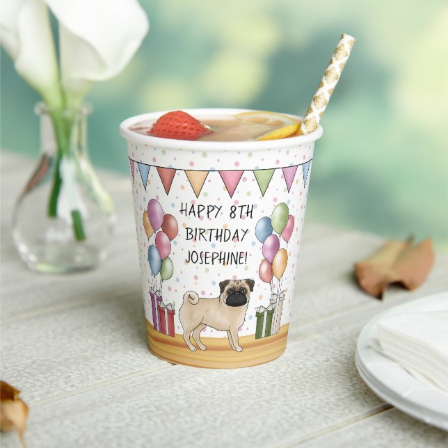 Fawn Pug Dog Colorful Pastels Happy Birthday Paper Cups (Insitu)