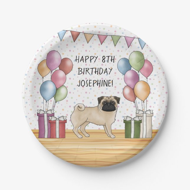 Fawn Pug Dog Colorful Pastels Happy Birthday Paper Plates (Front)