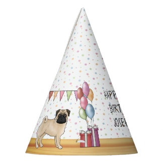 Fawn Pug Dog Colorful Pastels Happy Birthday Party Hat