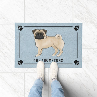 Fawn Pug Dog Cute Cartoon Design With Family Name Doormat