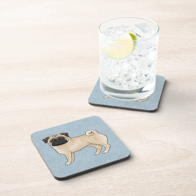 Fawn Pug Dog Cute Cartoon Dog Canine On Blue Beverage Coaster (Right Side)