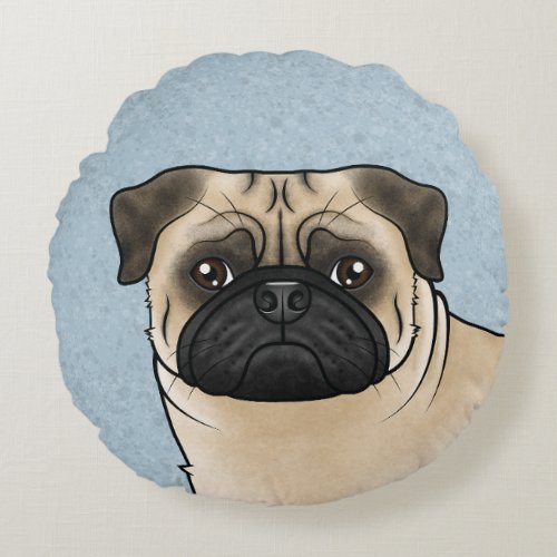 Fawn Pug Dog Cute Cartoon Dog Head Close_Up Blue Round Pillow