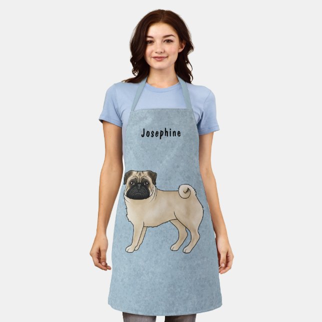 Fawn Pug Dog Cute Cartoon Dog With Name Blue Apron (Worn)