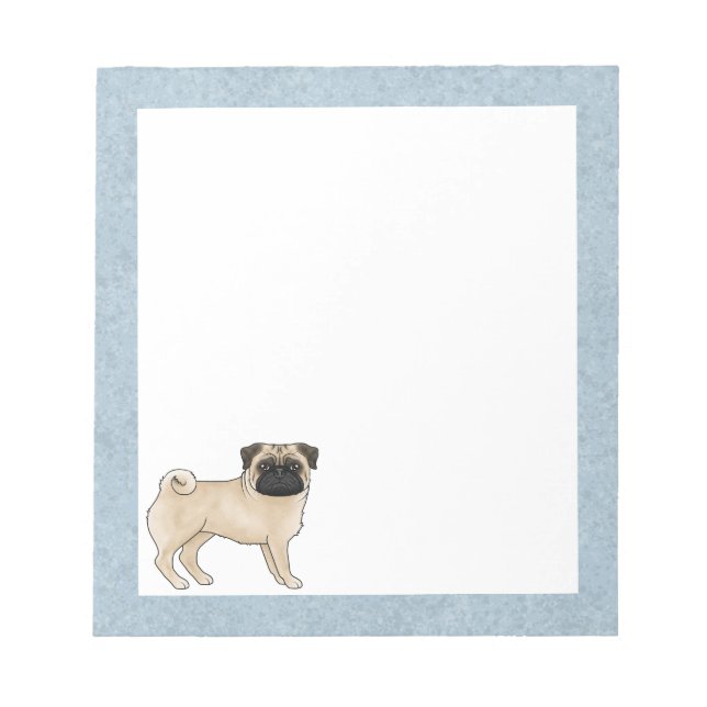 Fawn Pug Dog Cute Cartoon Illustration Blue Edges Notepad (Front)