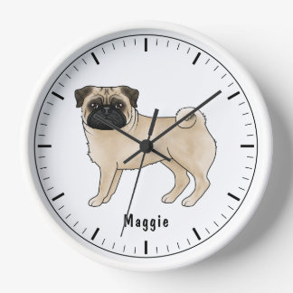 Fawn Pug Dog Cute Cartoon Illustration With Name Clock