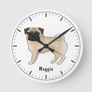 Fawn Pug Dog Cute Cartoon Illustration With Name Round Clock