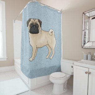 Fawn Pug Dog Cute Cartoon Mops Illustration Blue Shower Curtain
