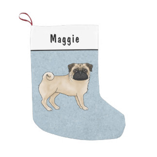 Fawn Pug Dog Cute Cartoon Mops Illustration Blue Small Christmas Stocking