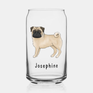Fawn Pug Dog Cute Cartoon Mops With Custom Name Can Glass