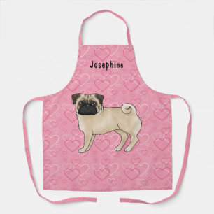 Fawn Pug Dog Cute Mops And Pink Hearts With Name Apron