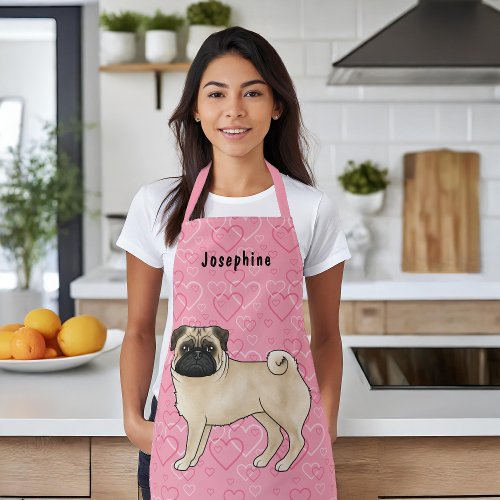 Fawn Pug Dog Cute Mops And Pink Hearts With Name Apron