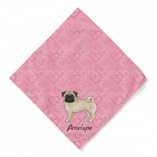 Fawn Pug Dog Cute Mops And Pink Hearts With Name Bandana