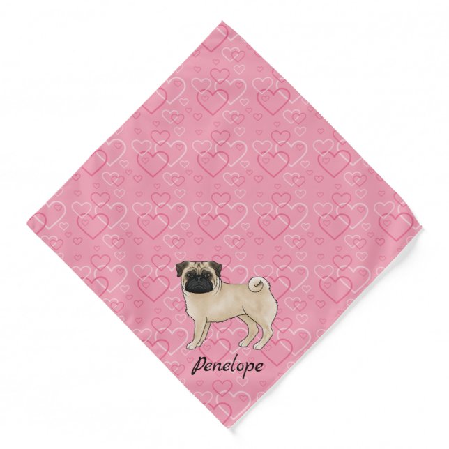 Fawn Pug Dog Cute Mops And Pink Hearts With Name Bandana (Front)