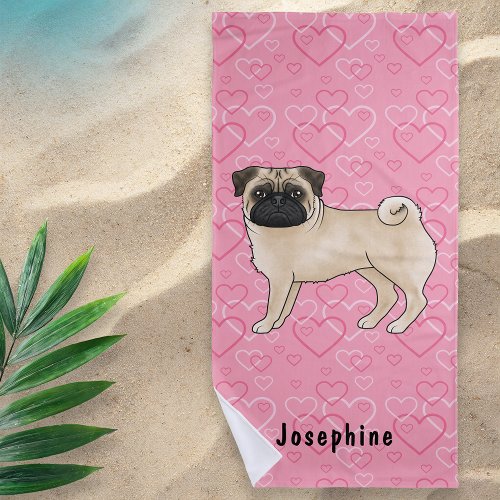 Fawn Pug Dog Cute Mops And Pink Hearts With Name Beach Towel
