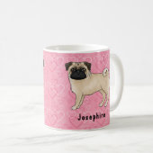 Fawn Pug Dog Cute Mops And Pink Hearts With Name Coffee Mug (Front Right)