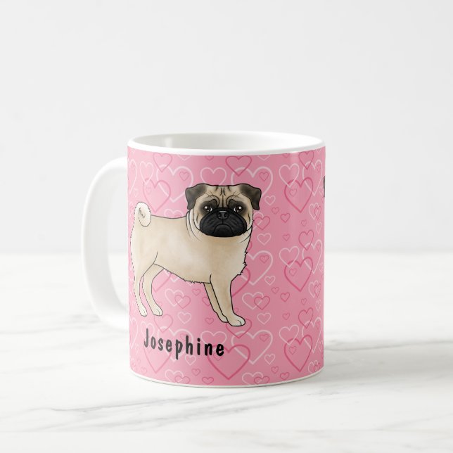 Fawn Pug Dog Cute Mops And Pink Hearts With Name Coffee Mug (Front Left)