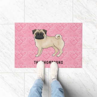 Fawn Pug Dog Cute Mops And Pink Hearts With Name Doormat