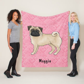 Fawn Pug Dog Cute Mops And Pink Hearts With Name Fleece Blanket