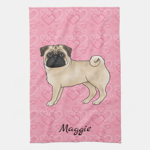 Fawn Pug Dog Cute Mops And Pink Hearts With Name Kitchen Towel