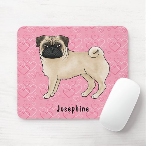 Fawn Pug Dog Cute Mops And Pink Hearts With Name Mouse Pad