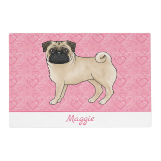 Fawn Pug Dog Cute Mops And Pink Hearts With Name Placemat