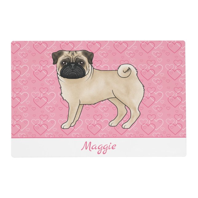 Fawn Pug Dog Cute Mops And Pink Hearts With Name Placemat (Front)