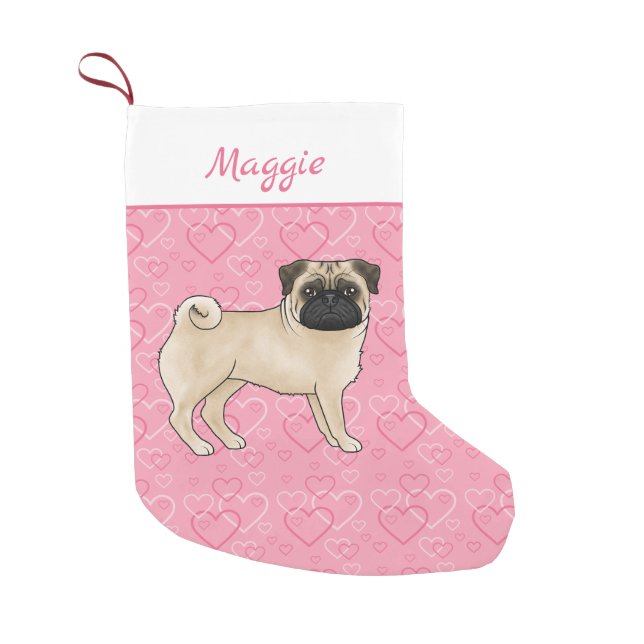 Fawn Pug Dog Cute Mops And Pink Hearts With Name Small Christmas Stocking (Front)