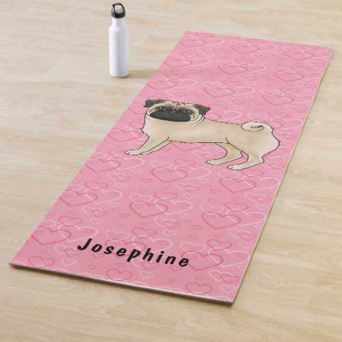 Fawn Pug Dog Cute Mops And Pink Hearts With Name Yoga Mat