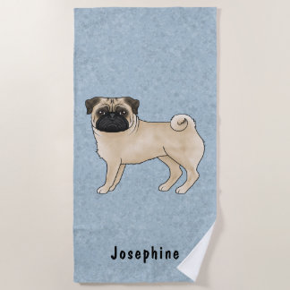 Fawn Pug Dog Cute Mops Dog Breed Design Blue Beach Towel