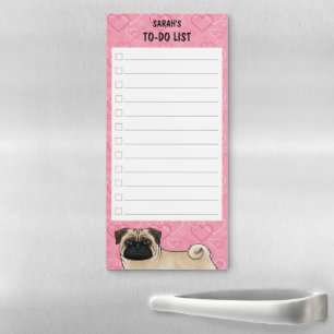 Fawn Pug Dog Cute Mops Pink Love Hearts To-Do List Magnetic Notepad